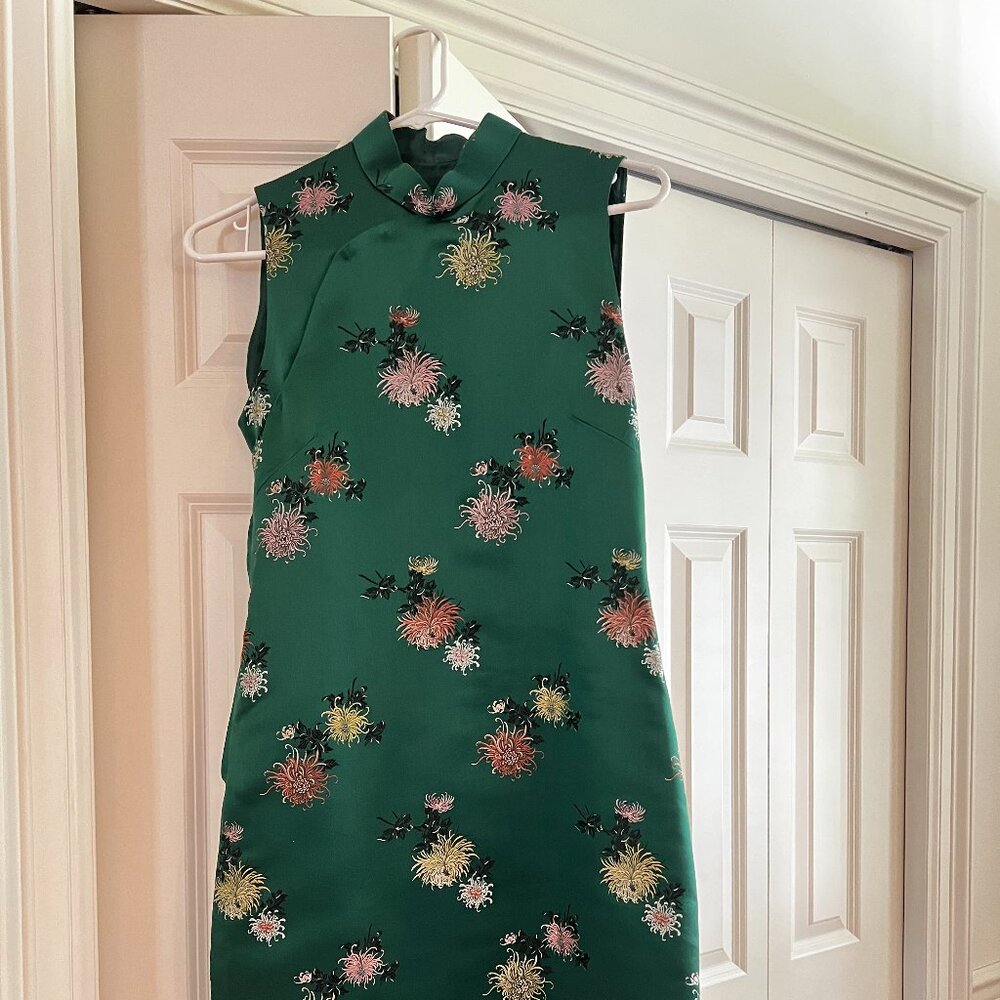 Green satin Asian inspired floral dress